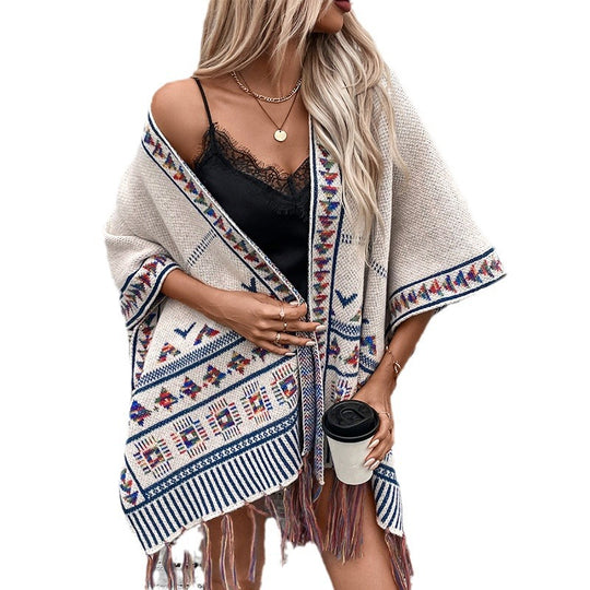 Damen stilvolle Poncho mit buntem Ethnomuster Heidi-Mode