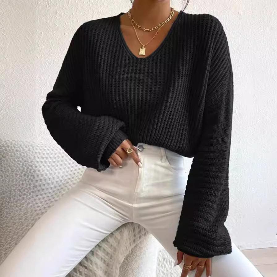 Damen V-Ausschnitt Strickpullover mit weiten Ärmeln Heidi-Mode