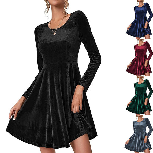 Damen Fließendes Samtkleid mit langen Ärmeln und weit schwingendem Rock Heidi-Mode