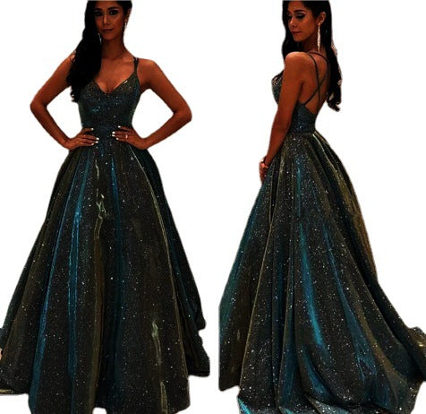 Heidi-Mode | Damen Spaghettiträger V-Ausschnitt A-Linie Glitzer Maxikleid