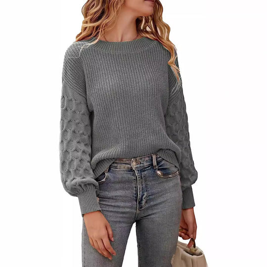 Damen modischer Strickpullover mit strukturierten Ärmeln und Rundhalsausschnitt Heidi-Mode