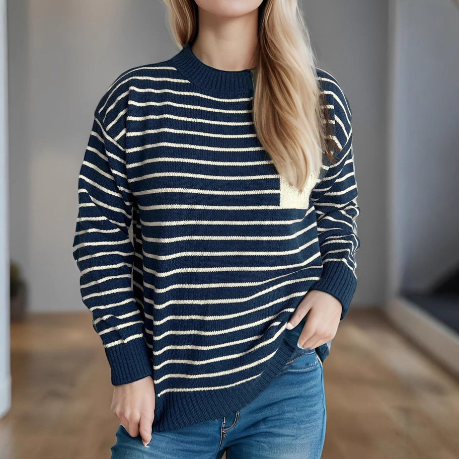 Damen lässiger Strickpullover mit breitem Streifenmuster und überschnittenen Schultern Heidi-Mode