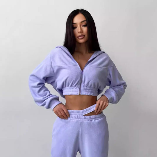 Damen sportliches Fleece-Set mit cropped Hoodie und elastischer Hose Heidi-Mode