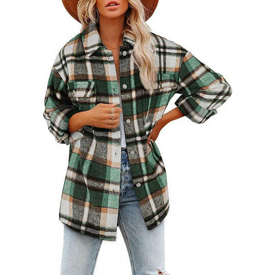 Damen Karobluse mit oversized Schnitt und Taschen Heidi-Mode