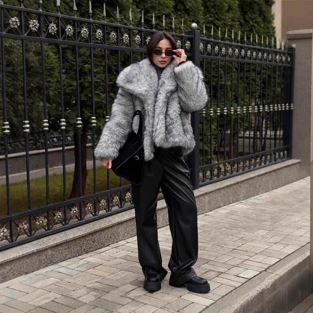 Damen elegante Kunstfelljacke mit voluminösem Kragen und verschließbaren Taschen Heidi-Mode
