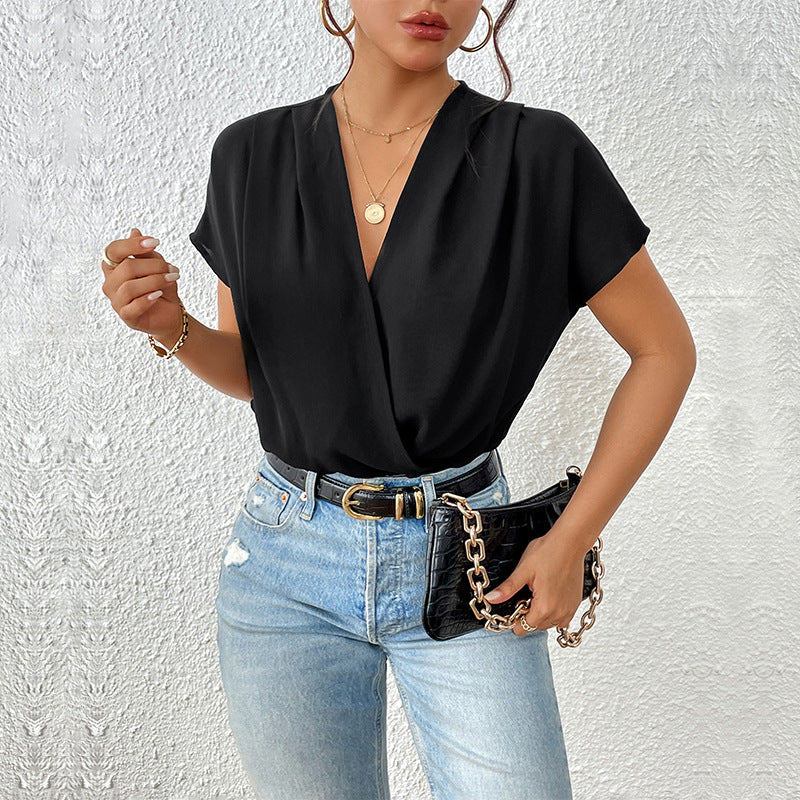 Damen Body mit eleganter Wickeloptik und kurzen Ärmeln Heidi-Mode