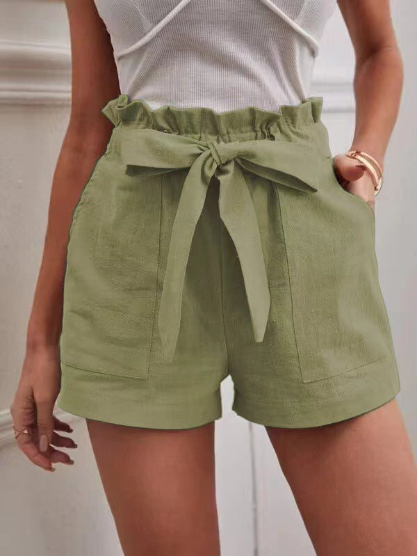 Damen kurze Lockere Leinenhose mit Bindegürtel Heidi-Mode