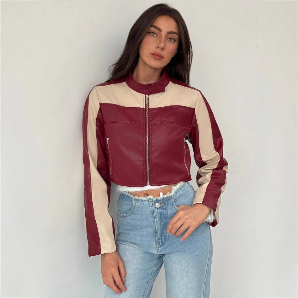 Damen cropped Kunstlederjacke mit kontrastierenden Einsätzen Heidi-Mode
