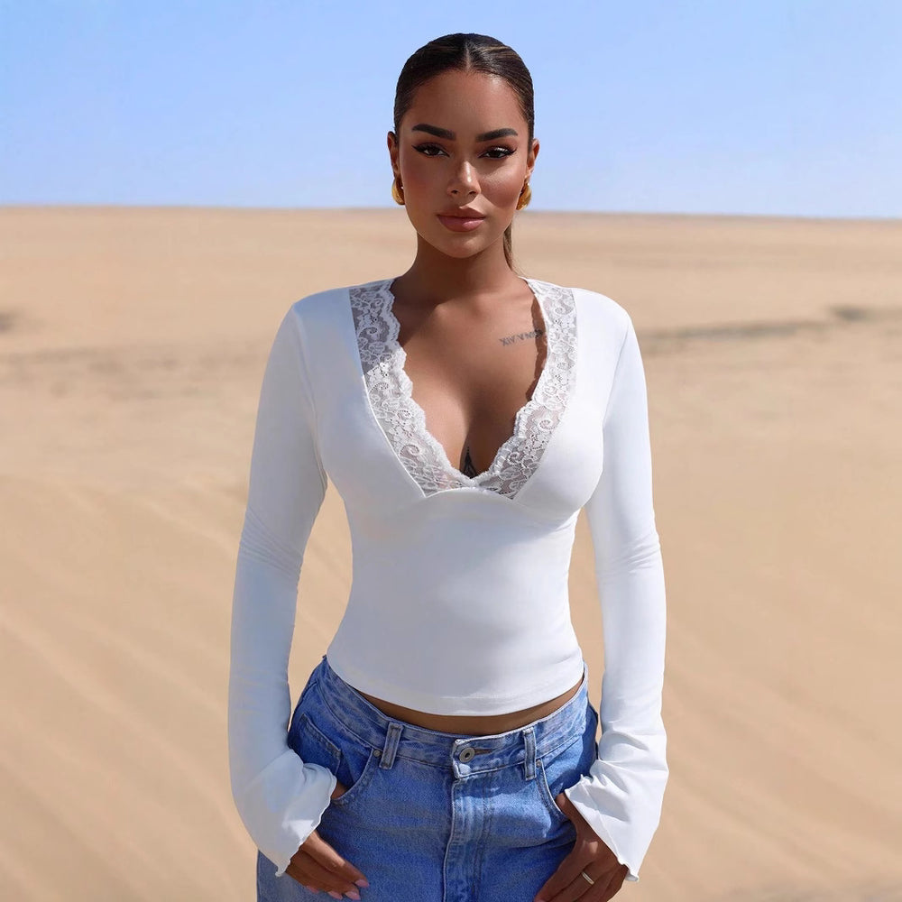 Damen Langärmliges Oberteil mit filigranem Spitzenbesatz Heidi-Mode