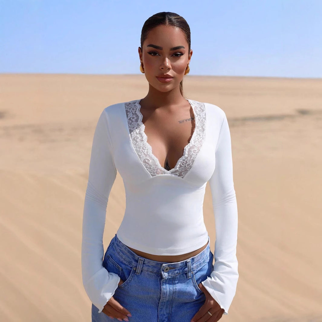 Damen Langärmliges Oberteil mit filigranem Spitzenbesatz Heidi-Mode