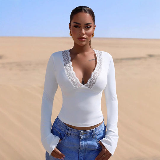 Damen Langärmliges Oberteil mit filigranem Spitzenbesatz Heidi-Mode