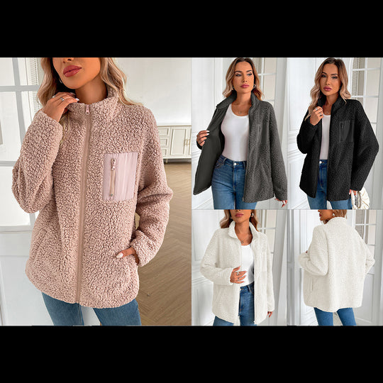Damen kuschelige Fleecejacke mit hohen Kragen und praktischen Taschen Heidi-Mode