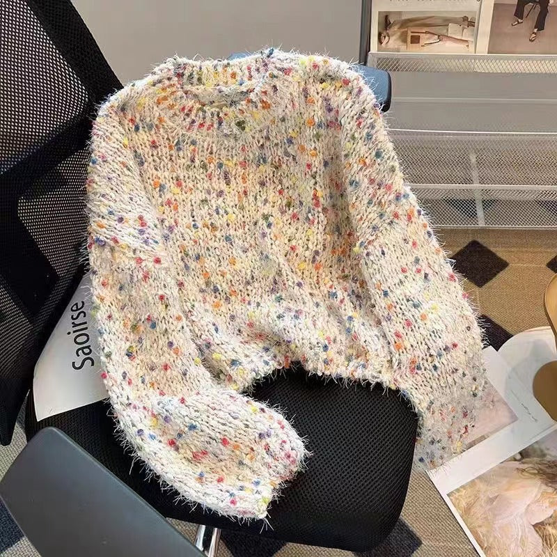 Damen modischer Pullover mit buntem Strukturstrick und Rundhalsausschnitt Heidi-Mode