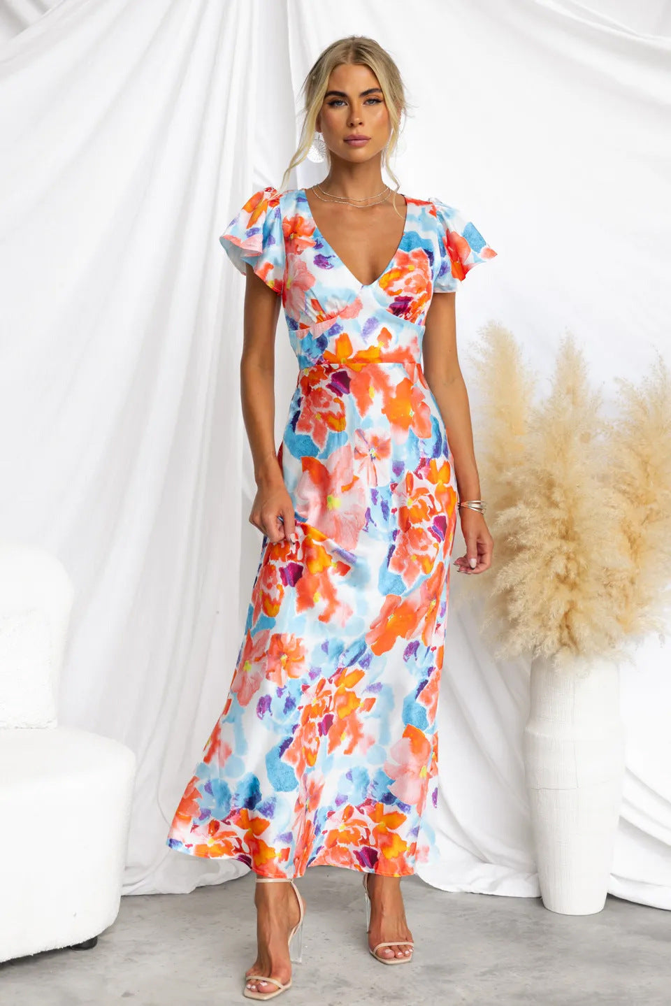 Heidi-Mode | Frühling Sommer Blumen Frisch Süß V-Ausschnitt Lotus Blatt Ärmel Mittel-Lang Kleid
