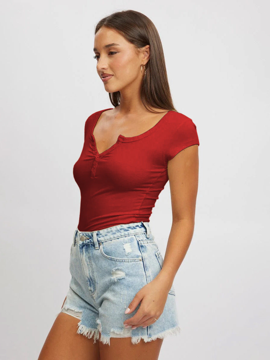 Damen figurbetontes Kurzarm-Basics T-Shirt mit Knopfleiste Heidi-Mode