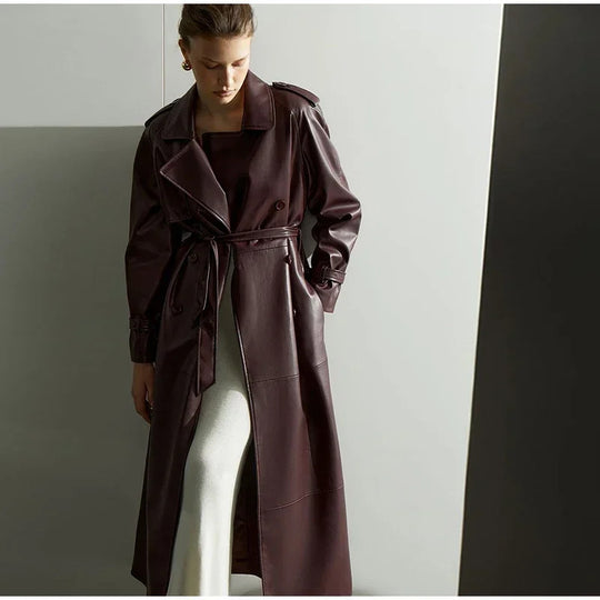 Damen Eleganter Kunstleder-Trenchcoat mit tailliertem Gürtel Heidi-Mode