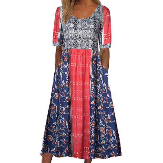 Heidi-Mode | Bedrucktes Kleid Rundhalsausschnitt Kurzarmrock