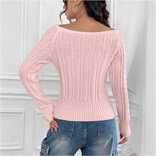 Damen Grobstrick Pullover mit offener Schulterpartie und Zopfmuster Heidi-Mode