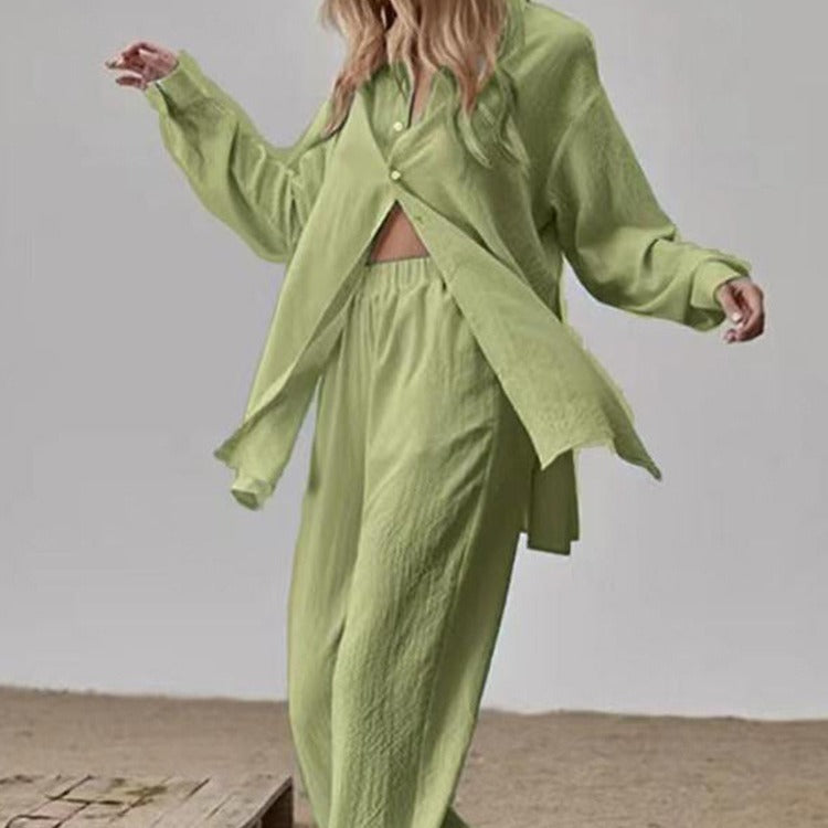 Damen bequemes Schlafanzug-Set mit knöpfbarem Oberteil und lockeren Hosen Heidi-Mode