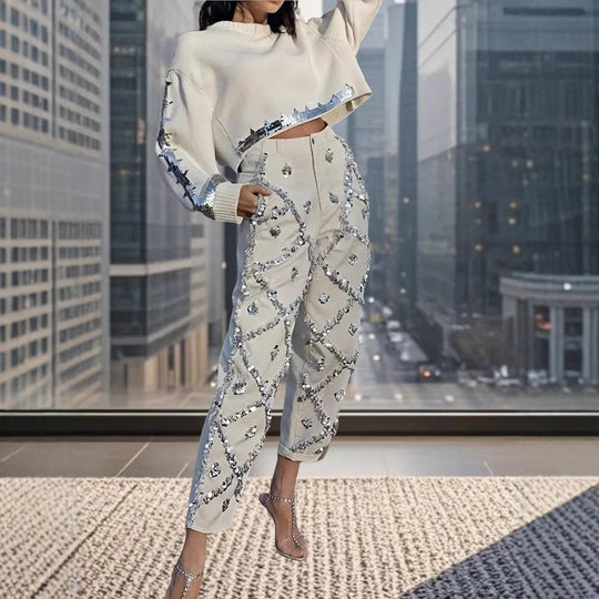 Damen modischer cropped Pullover mit Pailletten Heidi-Mode