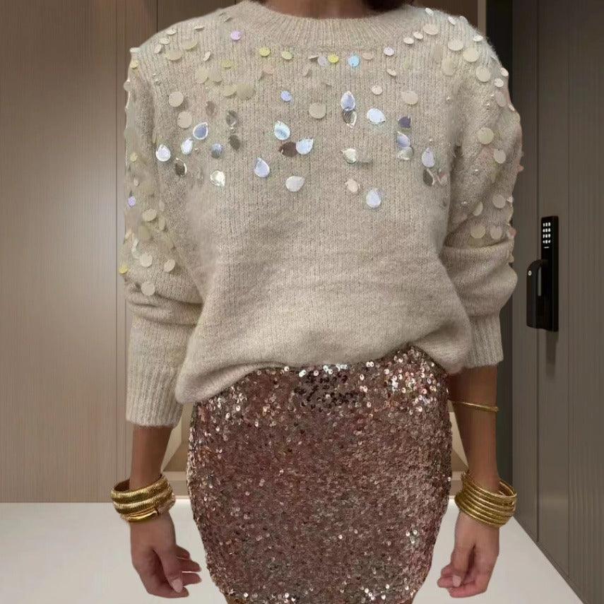 Damen Glitzernder Pullover mit eleganter Pailletten-Detail und lässiger Passform Heidi-Mode
