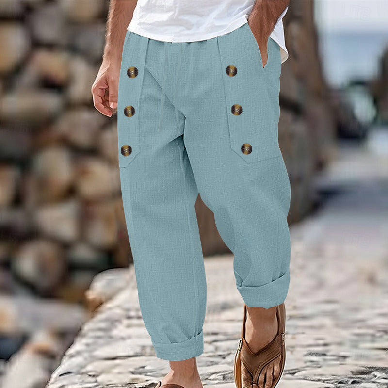 Herren Bequeme Leinenhose mit seitlichen Knöpfen und elastischem Bund Heidi-Mode