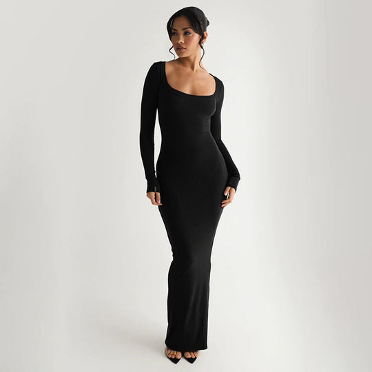 Damen Elegantes langes Kleid mit tiefem U-Ausschnitt und langen Ärmeln Heidi-Mode