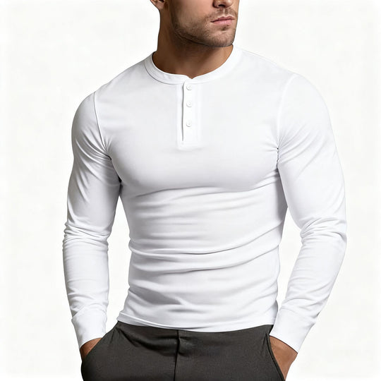 Herren Langarm-Henley-Shirt mit klassischem Knopfdetail und körpernaher Passform Heidi-Mode