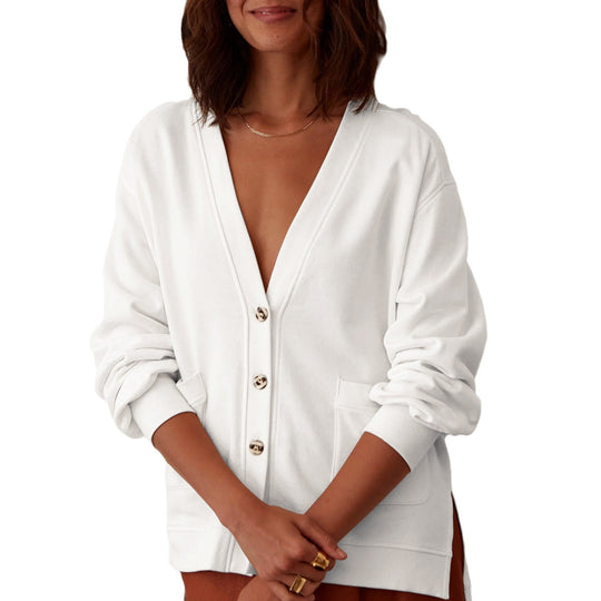 Damen lässige Strickjacke mit tiefem V-Ausschnitt und großen Taschen Heidi-Mode
