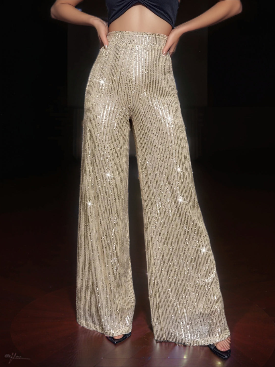 Damen Glamouröse Maxihose mit Glitzerstreifen und weitem Bein Heidi-Mode
