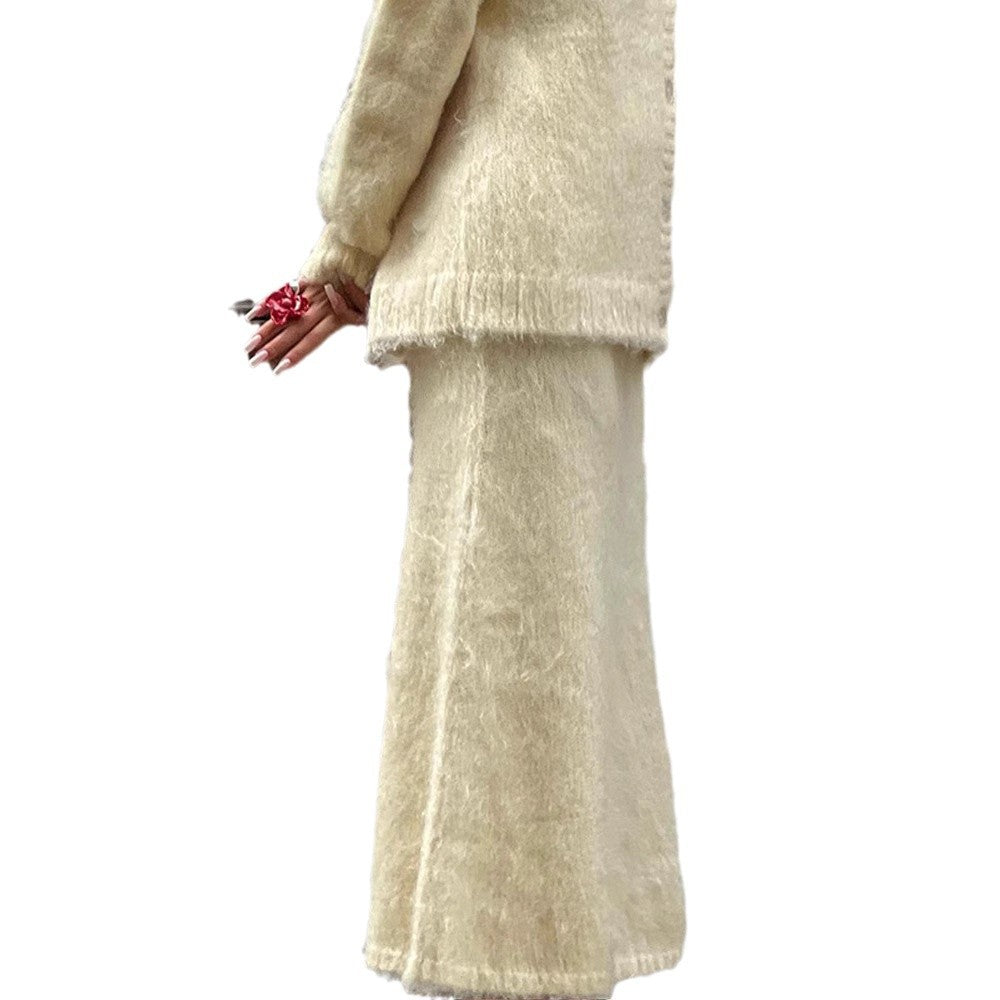 Damen kuschelige Strickjacke und Wadenlanger Rock Set Heidi-Mode