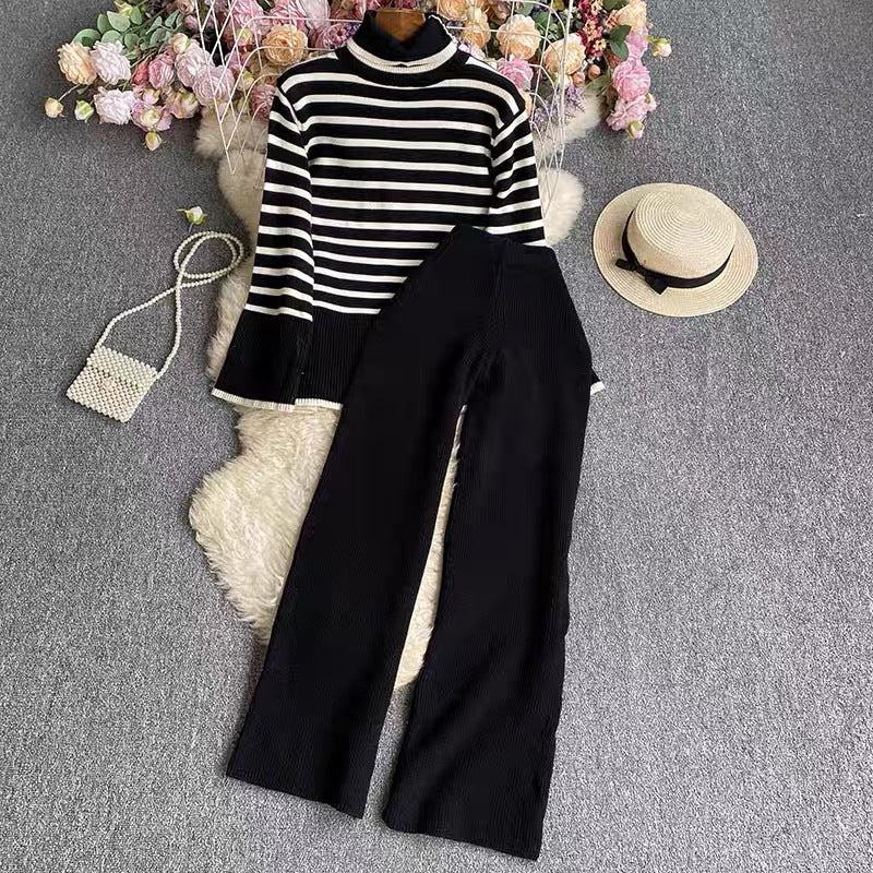 Damen elegantes gestreiftes Strickensemble mit hohem Kragen und weitem Bein Heidi-Mode