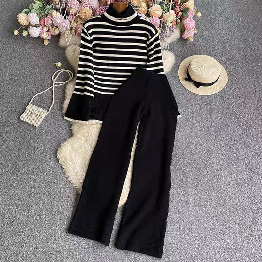 Damen elegantes gestreiftes Strickensemble mit hohem Kragen und weitem Bein Heidi-Mode
