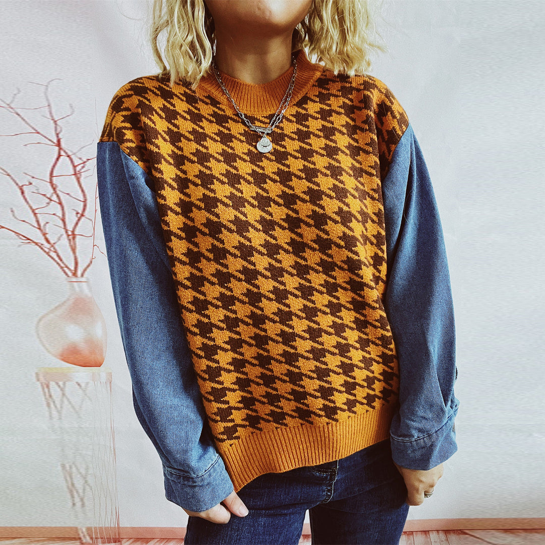 Damen Strickpullover im modernen Hahnentrittmuster mit lässigen Denim-Ärmeln Heidi-Mode