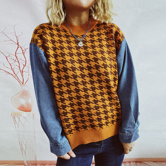 Damen Strickpullover im modernen Hahnentrittmuster mit lässigen Denim-Ärmeln Heidi-Mode