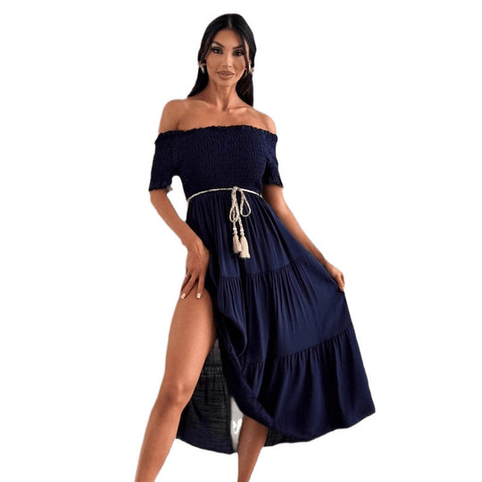Frauen Off-Shoulder Stufenkleid Maxi Heidi-Mode 1751425501
