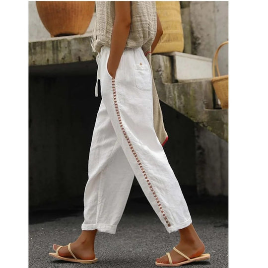 Damen Leichte Leinenhose mit seitlichen Knopfdetails Heidi-Mode