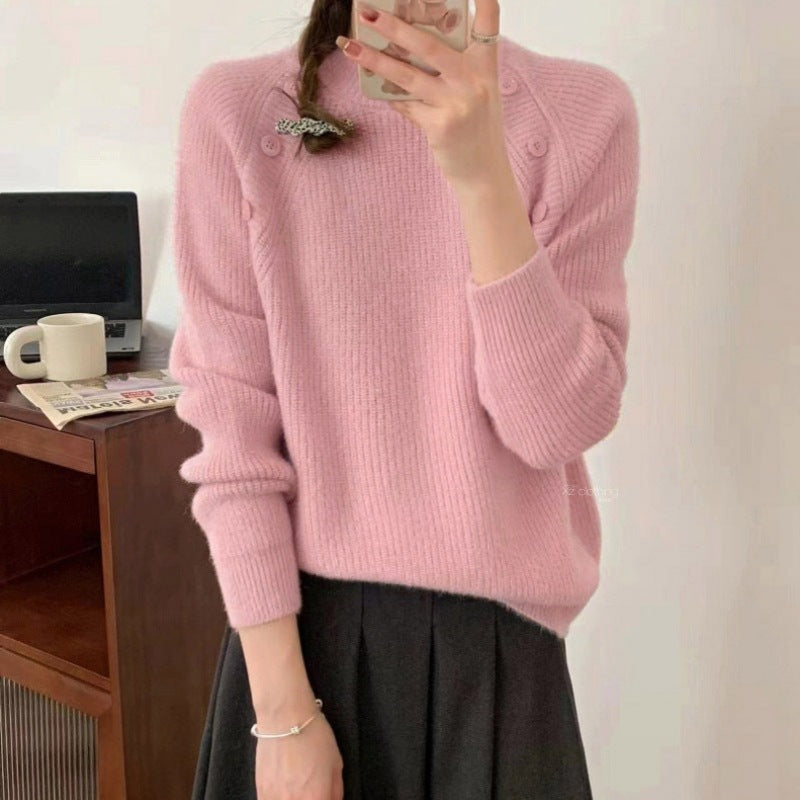 Damen Grobstrickpullover mit modernem Stehkragen und Knopfdetails Heidi-Mode