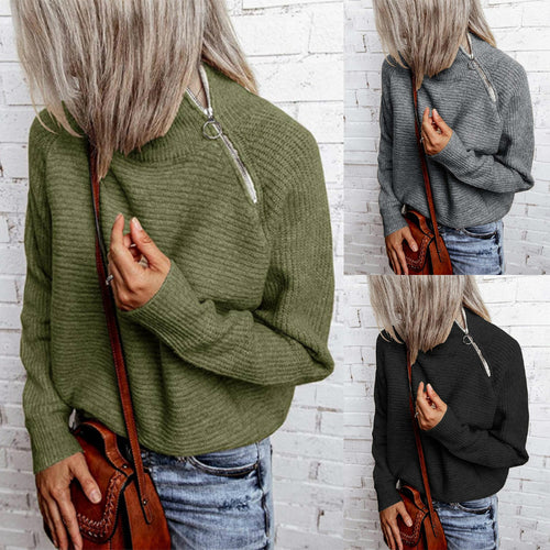 Damen lässiger Strickpullover mit hochgeschlossenem Kragen und dekorativen Nähten Heidi-Mode