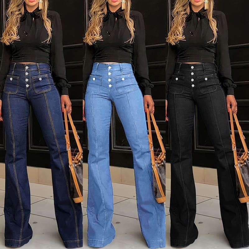 Damen Hochtaillierte Bootcut-Jeans mit dekorativen Knopfdetails Heidi-Mode