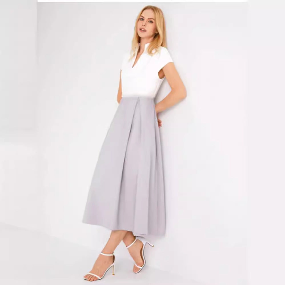 Heidi-Mode | Weißes Farbblock V-Ausschnitt Ausgestellt Sommerkleid