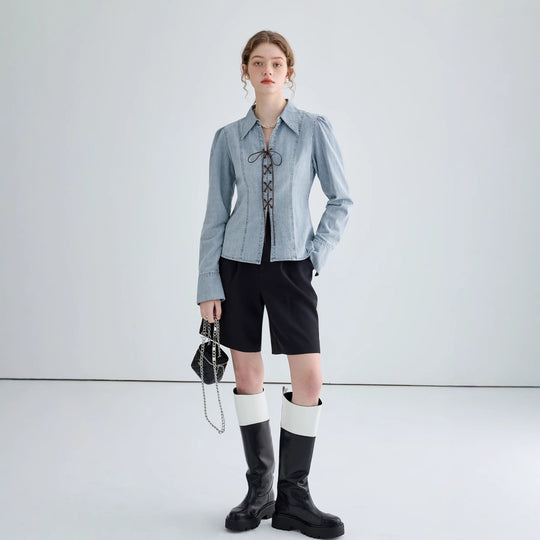 Damen Jeansbluse mit Schnürung und asymmetrischem Schnitt Heidi-Mode