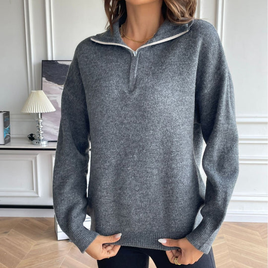 Damen Strickpullover mit kurzem Reißverschluss und modernem Schnitt Heidi-Mode