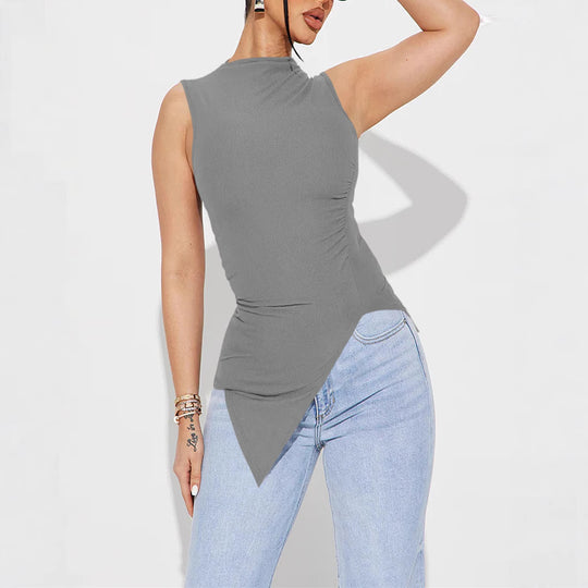 Damen ärmelloses Oberteil mit asymmetrischem Saum und Raffung Heidi-Mode
