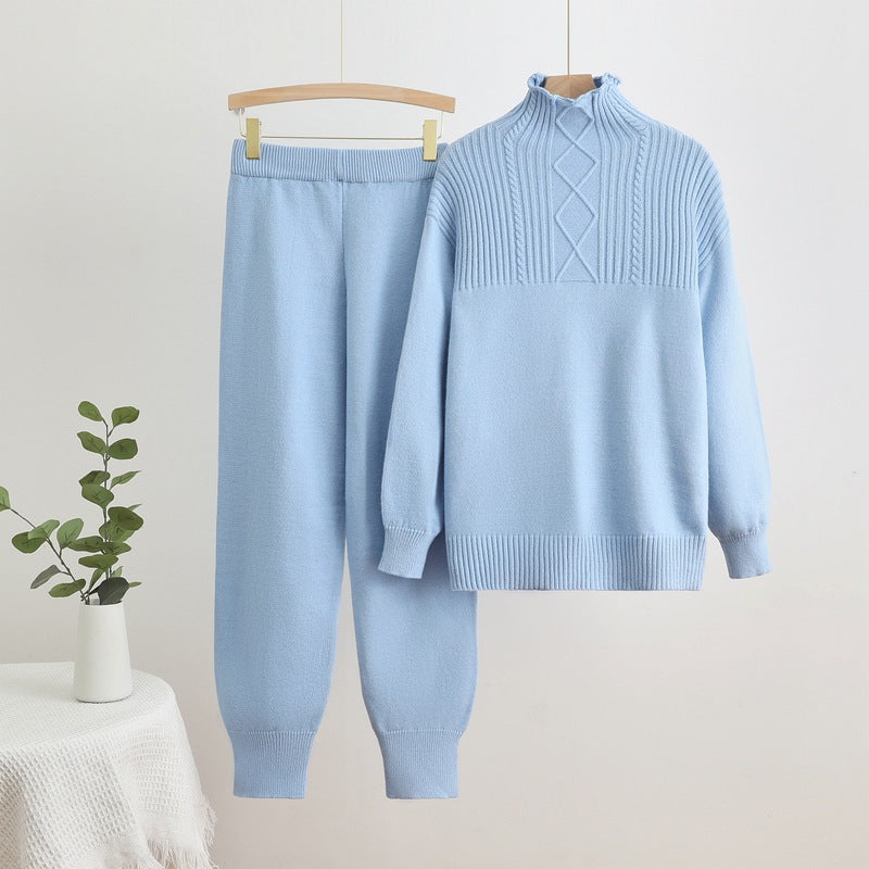 Damen gemütliches Strick-Loungewear-Set mit hohem Kragen und Rippstruktur Heidi-Mode