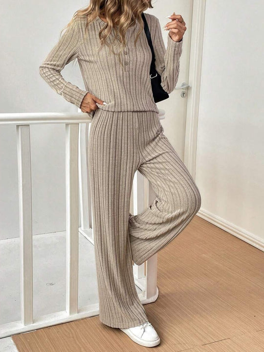 Damen Lässiges Lounge-Set mit strukturiertem Rippenmuster und Knopfdetail Heidi-Mode
