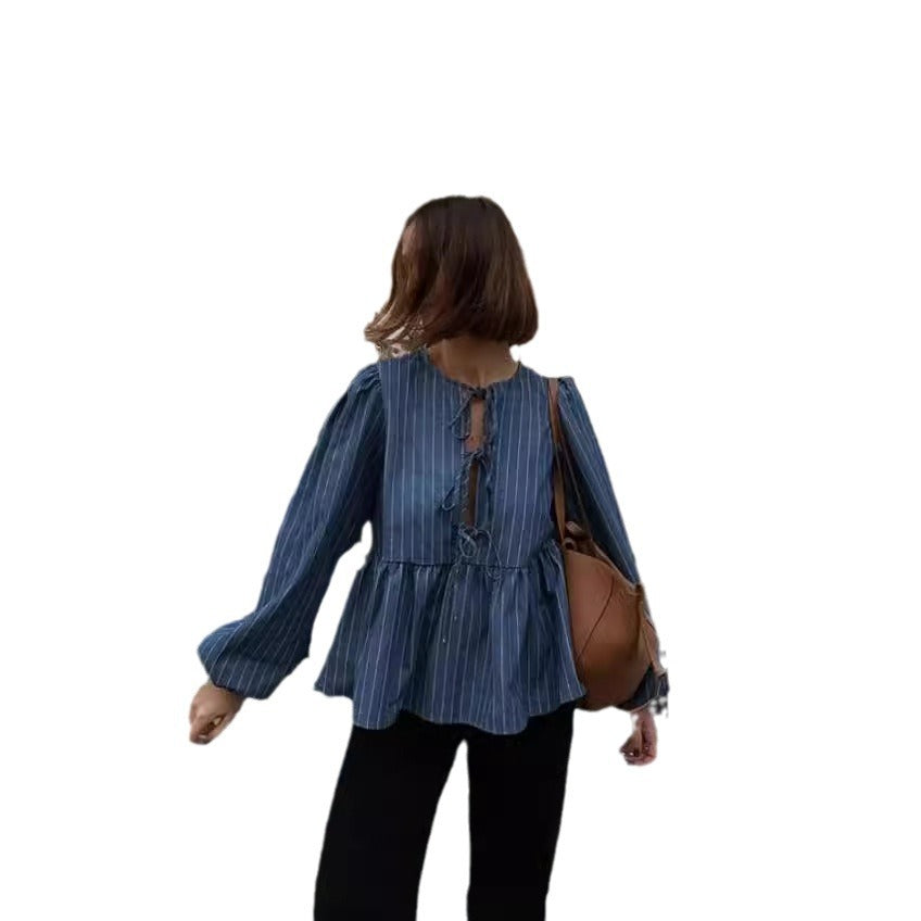 Damen gestreifte Bluse mit voluminösen Puffärmeln und tailliertem Schnitt Heidi-Mode