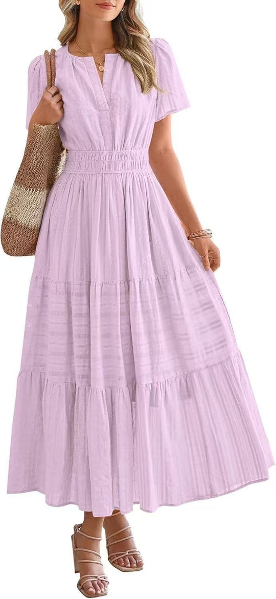 Damen Maxikleid mit modischem V-Ausschnitt und luftigen Rüschen Heidi-Mode