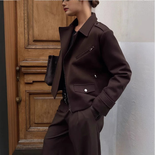 Damen modische cropped Jacke im minimalistischen Stil mit Taschen Heidi-Mode