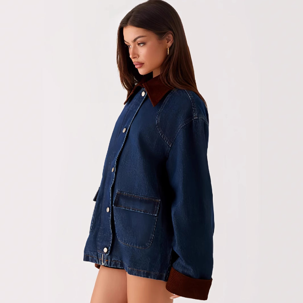 Damen Denimjacke mit Kapuze und kontrastierenden Ärmeln Heidi-Mode